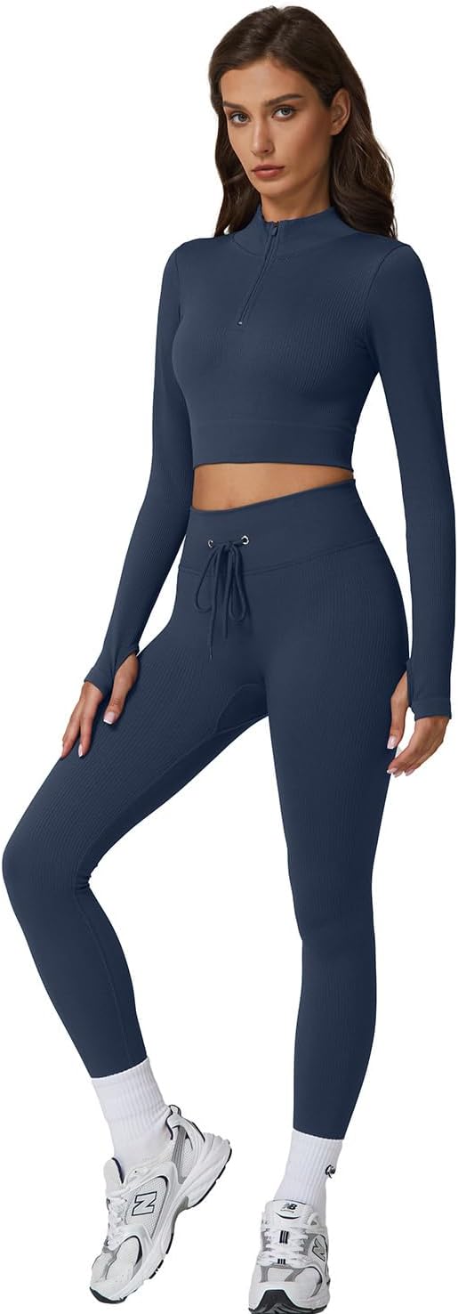 Alternative view of QINSEN Workout Sets for Women 2 Piece Seamless Long Sleeve Crop Tops Ribbed High Waist Leggings
