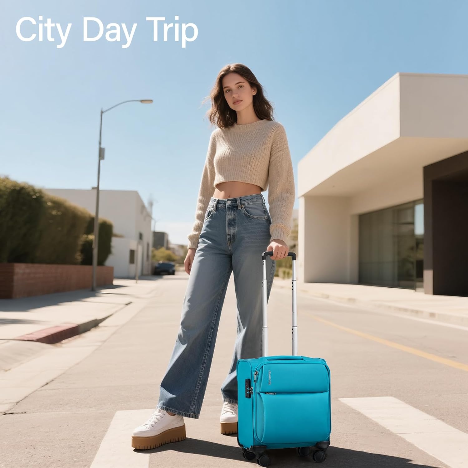 Hanke 16 Inch Underseat Carry On Luggage with Spinner Wheels for Airline, Small Softside TSA Approved Luggage Lightweight Rolling Suitcases Under Seat Travel Carry-On Bag(Caribbean Blue)