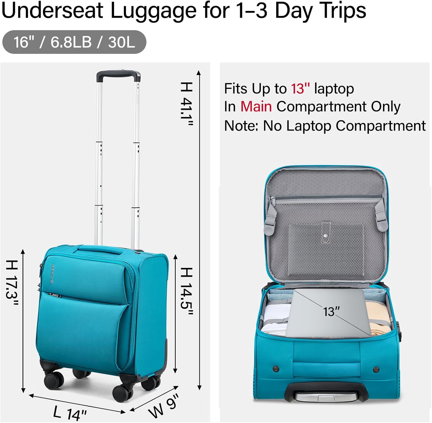 Alternative view of Hanke 16 Inch Underseat Carry On Luggage with Spinner Wheels for Airline, Small Softside TSA Approved Luggage Lightweight Rolling Suitcases Under Seat Travel Carry-On Bag(Caribbean Blue)