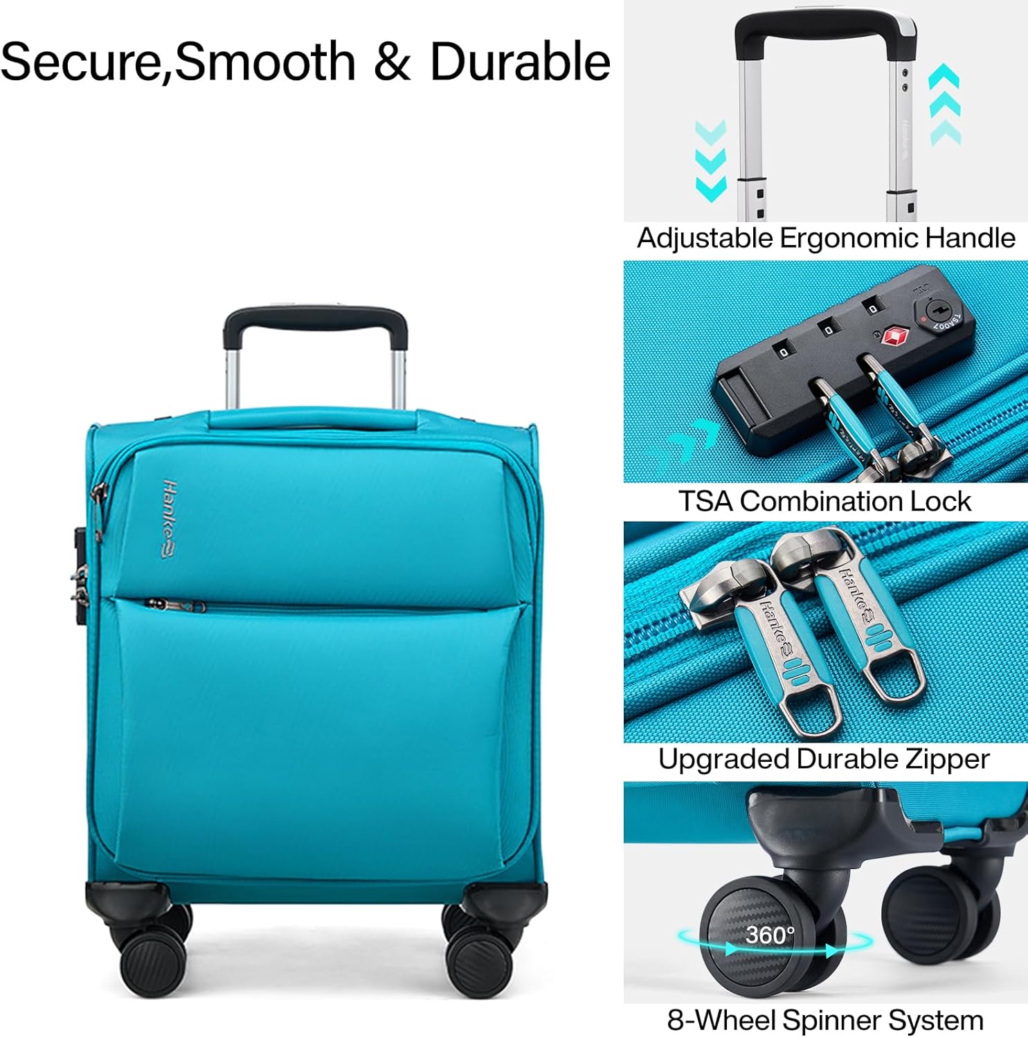 Hanke 16 Inch Underseat Carry On Luggage with Spinner Wheels for Airline, Small Softside TSA Approved Luggage Lightweight Rolling Suitcases Under Seat Travel Carry-On Bag(Caribbean Blue) - Image 4