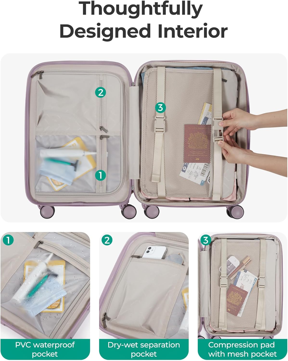 Alternative view of BAGSMART Carry On Luggage 22x14x9 Airline Approved with Spinner Wheels, Travel TSA Approved 100% PC Hard Shell Suitcases, 20 Inch Expandable Luggage with TSA Lock,Purple