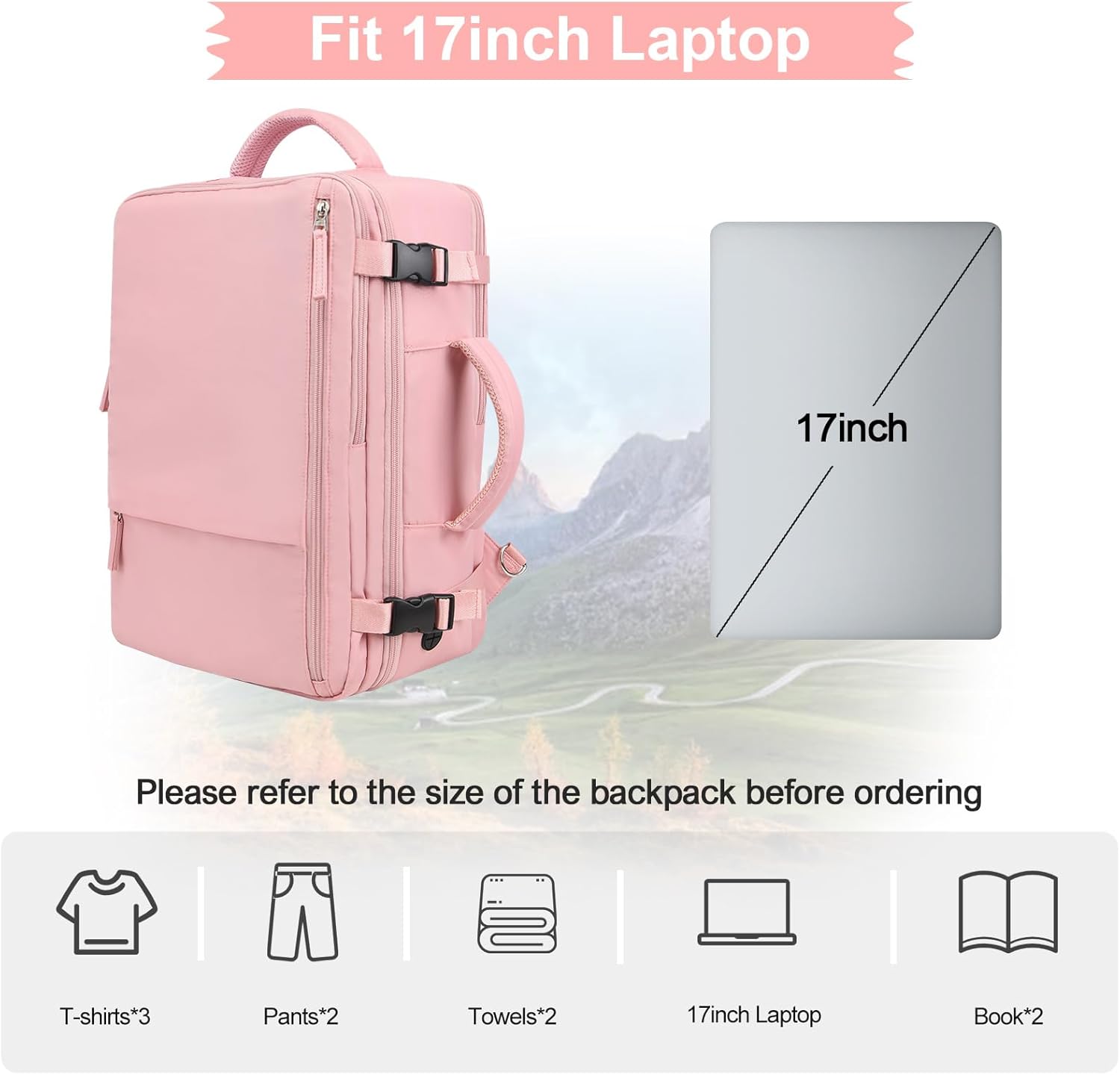 Hanples Carry on Travel Backpack for Women, Large 35L Personal Item Luggage Backpack,17 inch Laptop Backpack TSA Flight Approved, Travel Essentials Casual Daypack with 2 Toiletry Bags (Pink) - Image 3