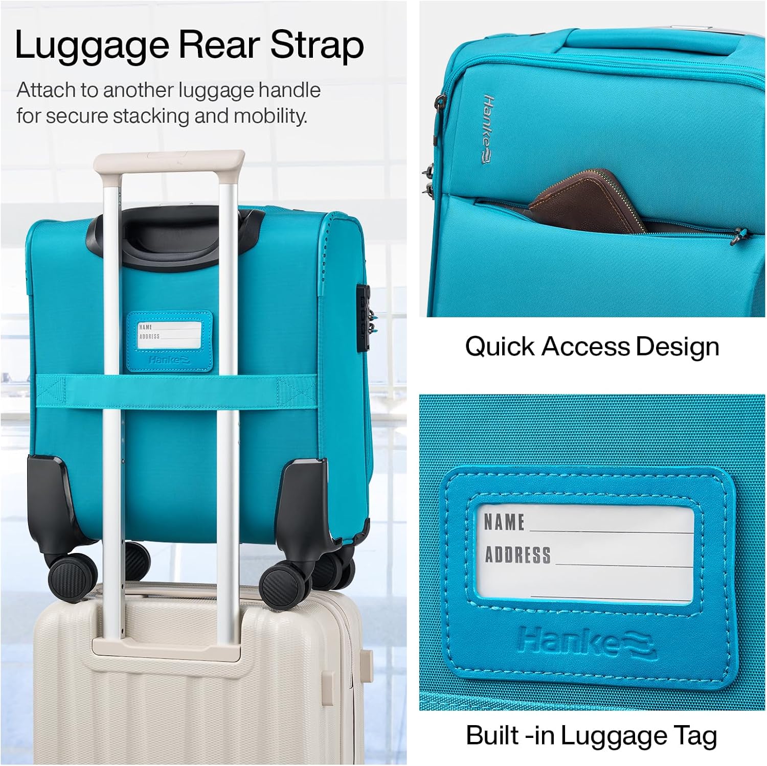 Hanke 16 Inch Underseat Carry On Luggage with Spinner Wheels for Airline, Small Softside TSA Approved Luggage Lightweight Rolling Suitcases Under Seat Travel Carry-On Bag(Caribbean Blue) - Image 6