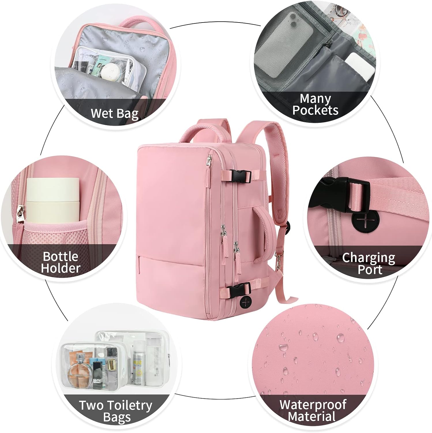Hanples Carry on Travel Backpack for Women, Large 35L Personal Item Luggage Backpack,17 inch Laptop Backpack TSA Flight Approved, Travel Essentials Casual Daypack with 2 Toiletry Bags (Pink) - Image 4
