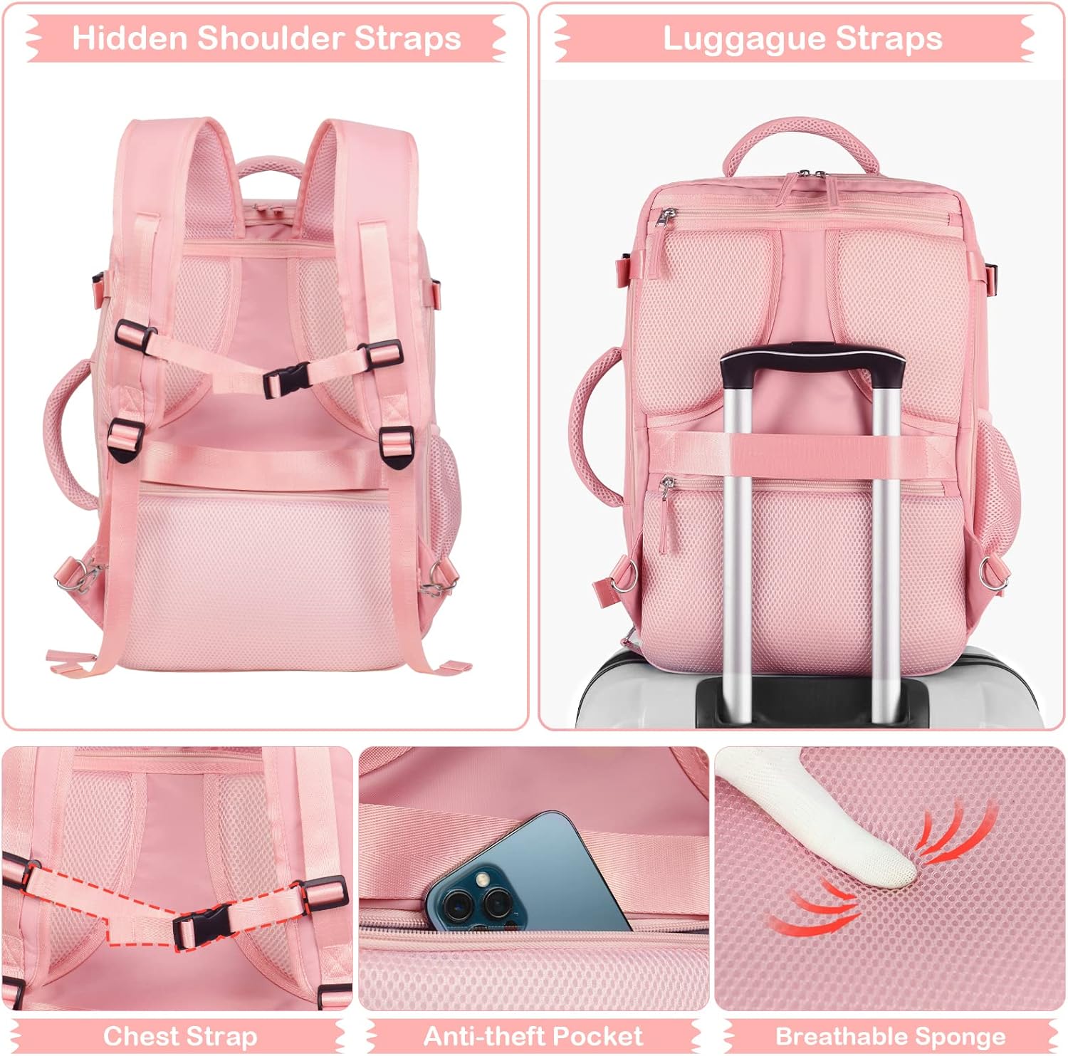 Hanples Carry on Travel Backpack for Women, Large 35L Personal Item Luggage Backpack,17 inch Laptop Backpack TSA Flight Approved, Travel Essentials Casual Daypack with 2 Toiletry Bags (Pink) - Image 5
