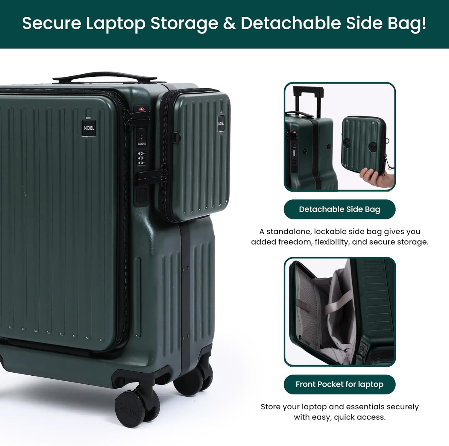 NOBL Duo Carry Carry-On Luggage with Detachable Side Bag, 22.1x14.6x10.5 Airline Approved, Noble Zipperless PC Hard Shell Suitcase & Crossbody, 360° Spinner Wheels, TSA Locks, USB Port - Forest Green
