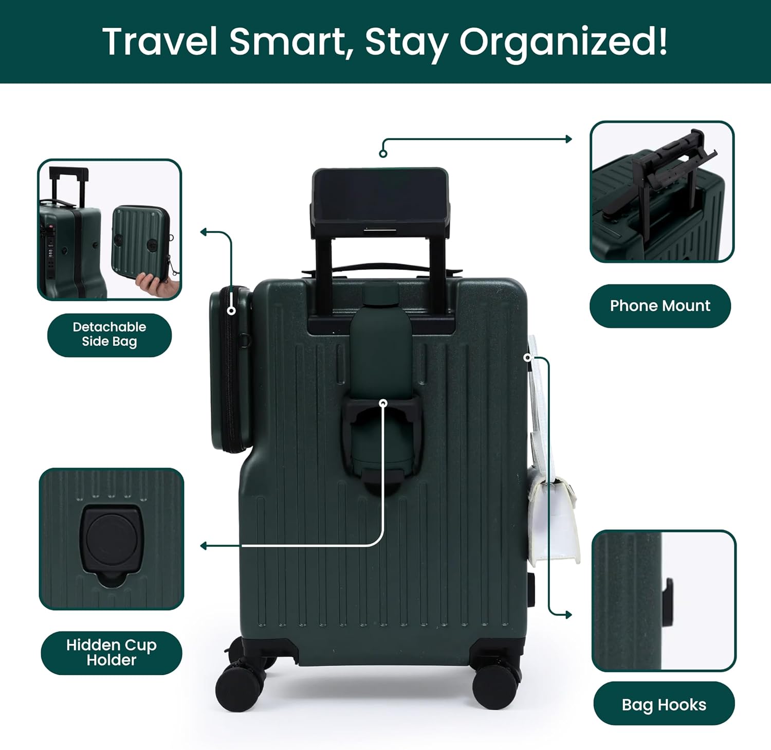 Alternative view of NOBL Duo Carry Carry-On Luggage with Detachable Side Bag, 22.1x14.6x10.5 Airline Approved, Noble Zipperless PC Hard Shell Suitcase & Crossbody, 360° Spinner Wheels, TSA Locks, USB Port - Forest Green
