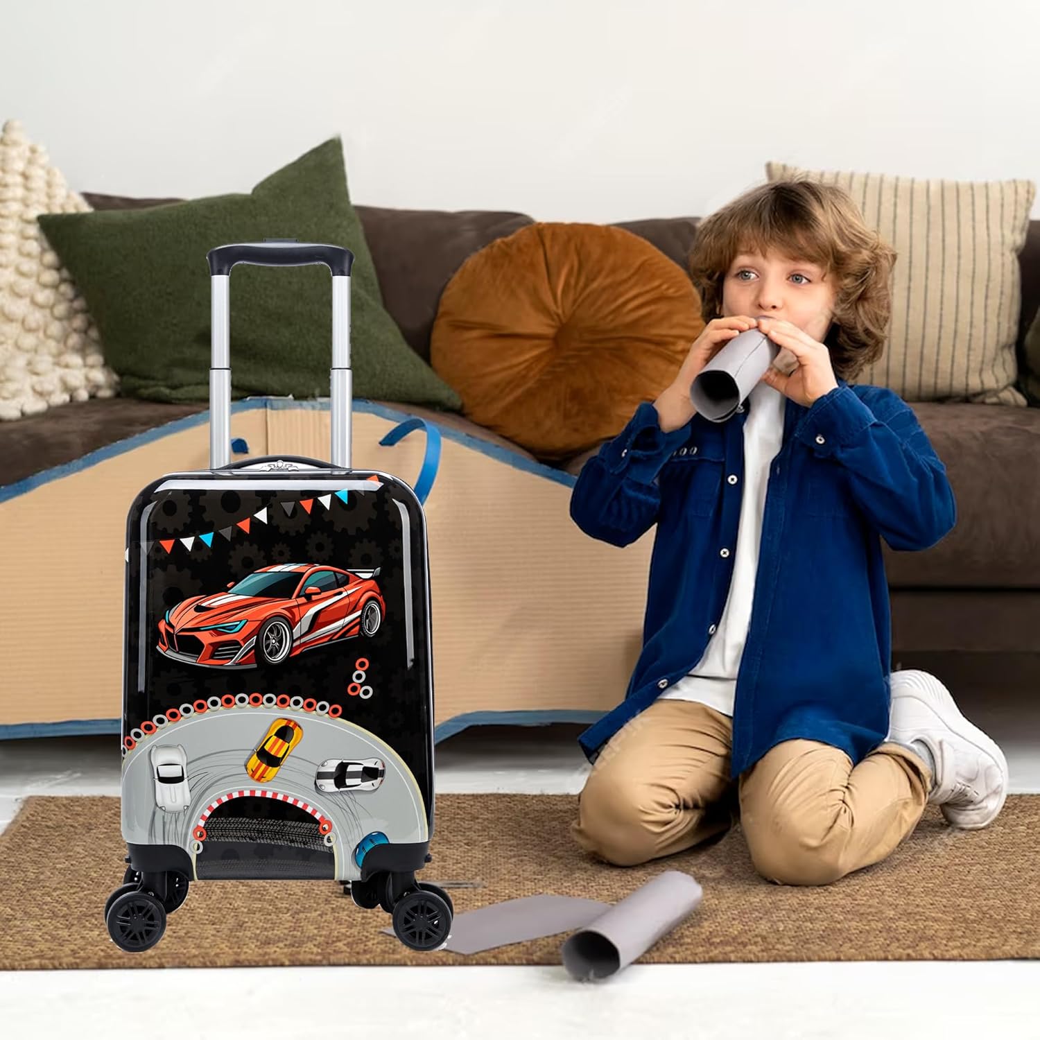 Inprof Kids Luggage Set 5 Piece 16'' Hardside Spinner Wheels Travel Suitcase Carry On Airline Approved Black Car