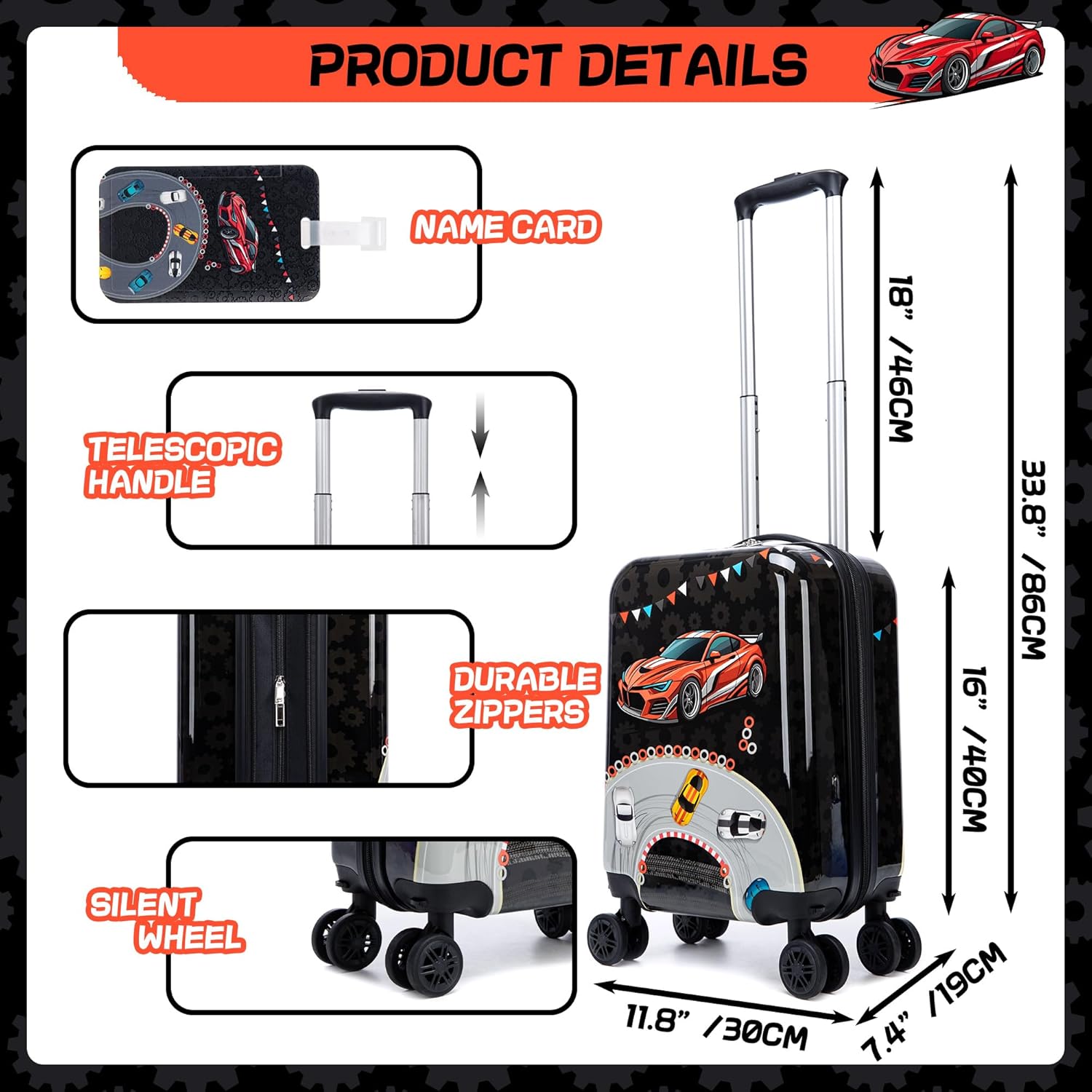 Alternative view of Inprof Kids Luggage Set 5 Piece 16'' Hardside Spinner Wheels Travel Suitcase Carry On Airline Approved Black Car