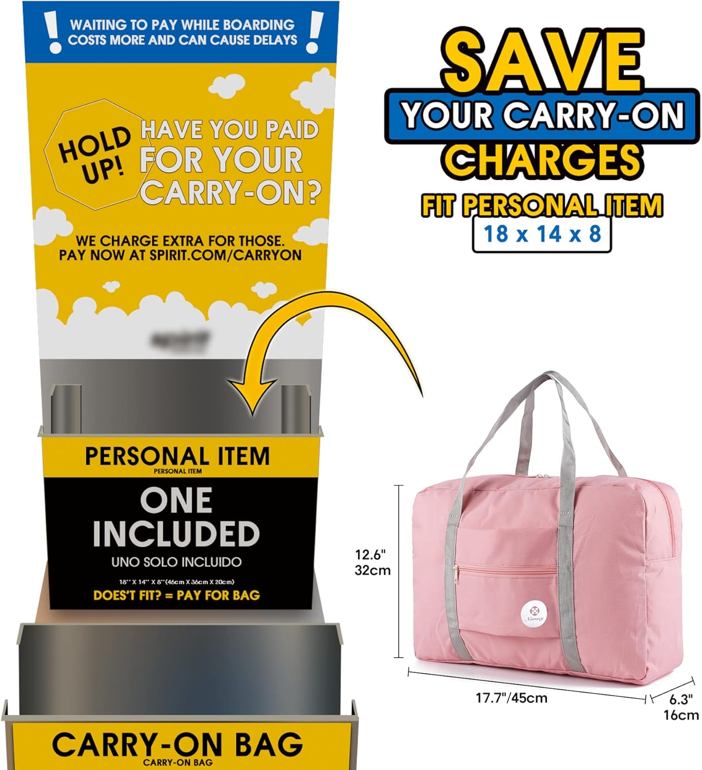 For Spirit Airlines Personal Item Bag 18x14x8 Foldable Travel Duffel Bag Tote Carry on Luggage Duffle Overnight for Women and Men