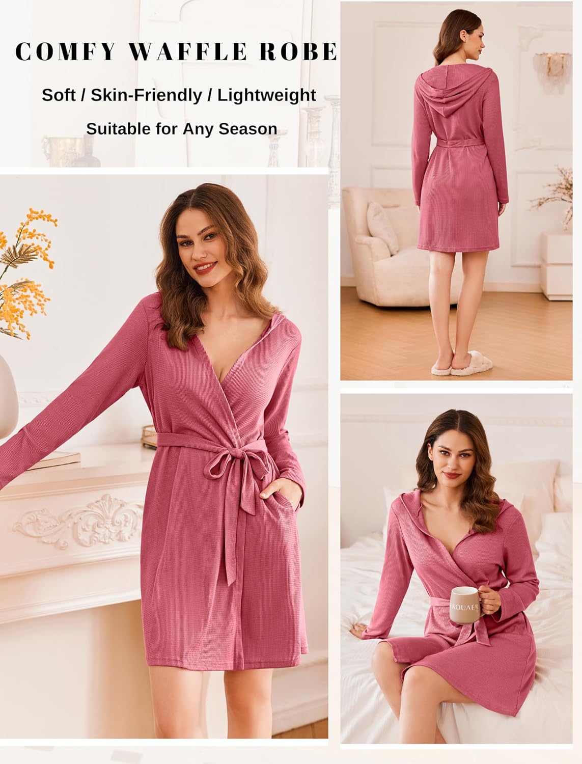 Ekouaer Robes for Women Waffle Knit Hooded Bathrobe Lightweight Robe Soft Knee Length Sleepwear with Pockets