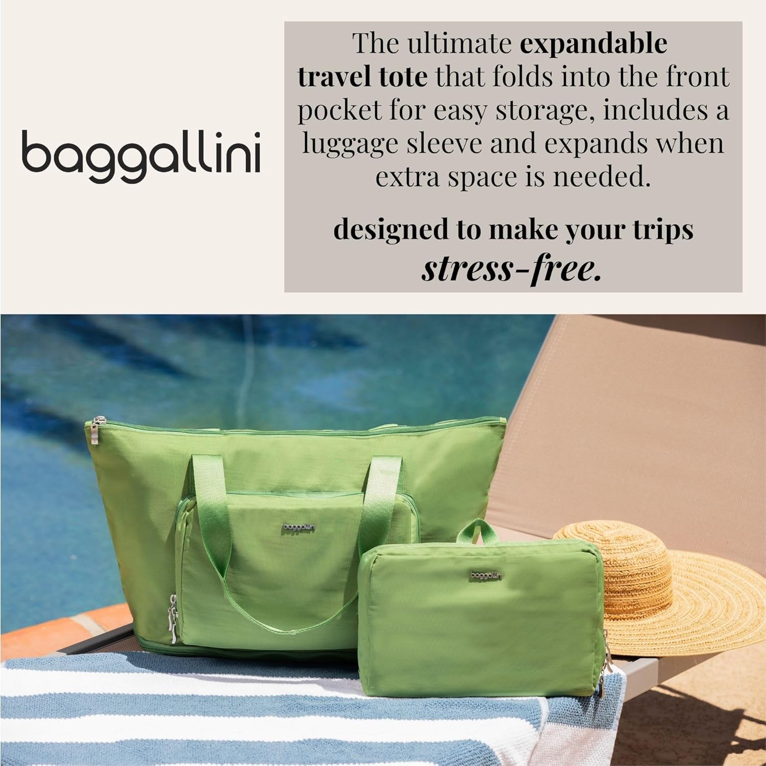 Alternative view of Baggallini Carryall Expandable Lightweight Travel Tote 22" Packable Folding Compact Nylon Washable Weekender w/Luggage Sleeve