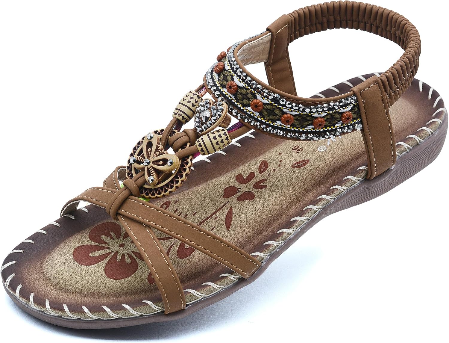 HAJINK Sandals Women Comfort Dressy Womens Flat Sandals Non Slip On Bohemian Summer Beach Shoes With Elastic Ankle Strap Brown Green