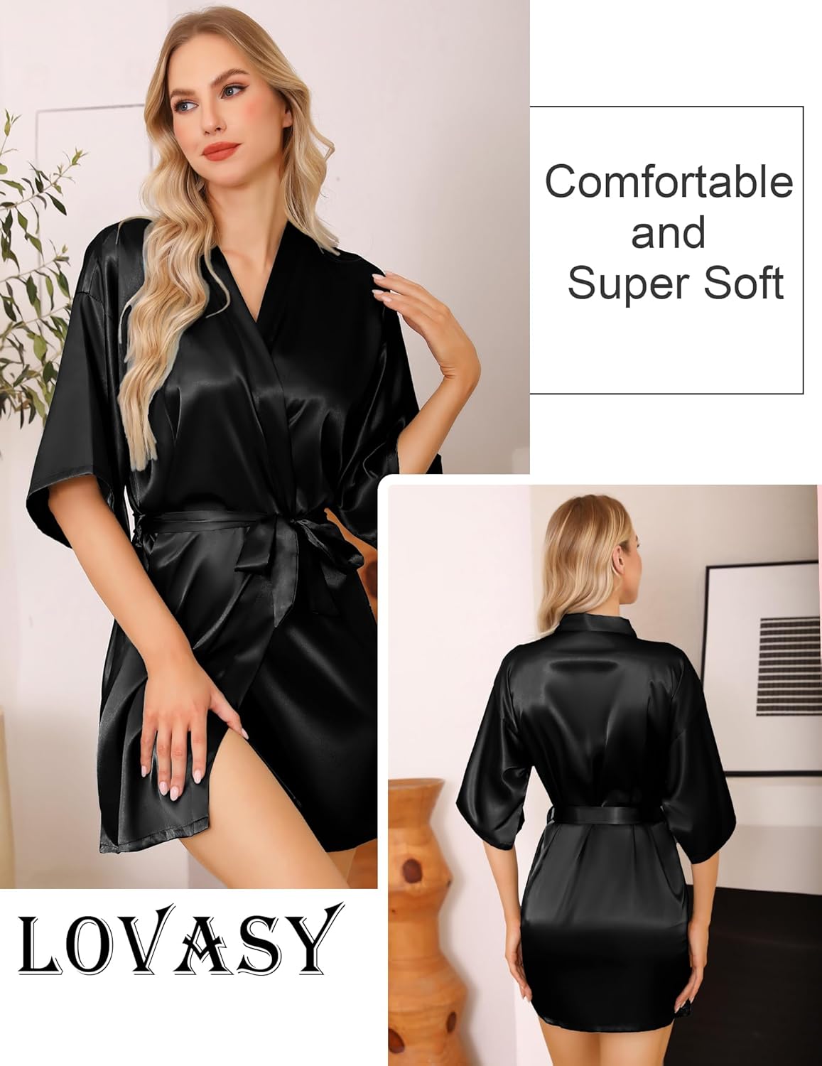 Alternative view of Lovasy Women's Satin Robes Silky Short Robe Lightweight Sleepwear Bride Bridesmaids Bathrobes Dressing Gowns Loungewear S-XXL