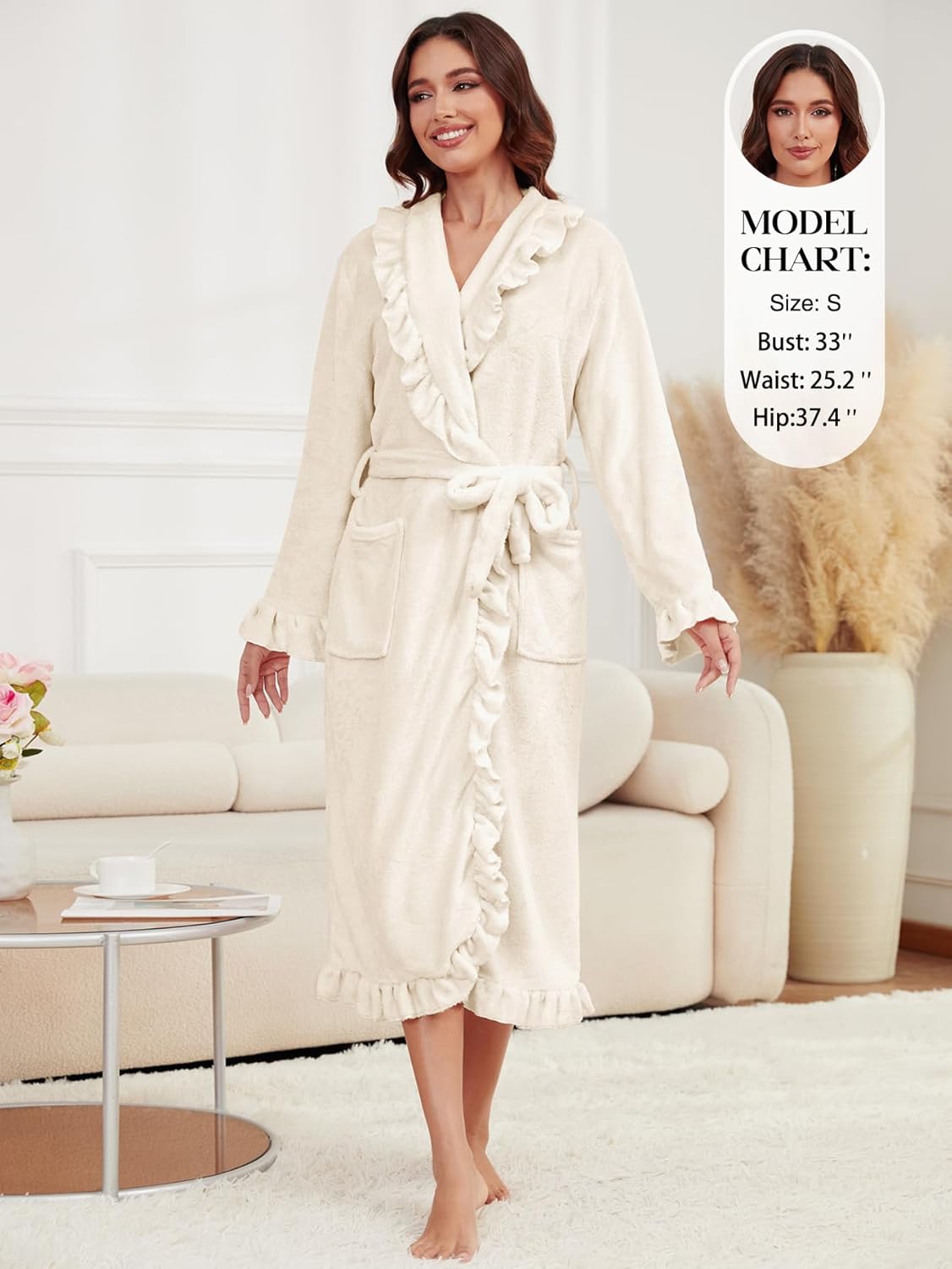 Women's Long Fleece Robe Plush Fluffy Fuzzy Ruffle Bath Robe Warm Loungewear