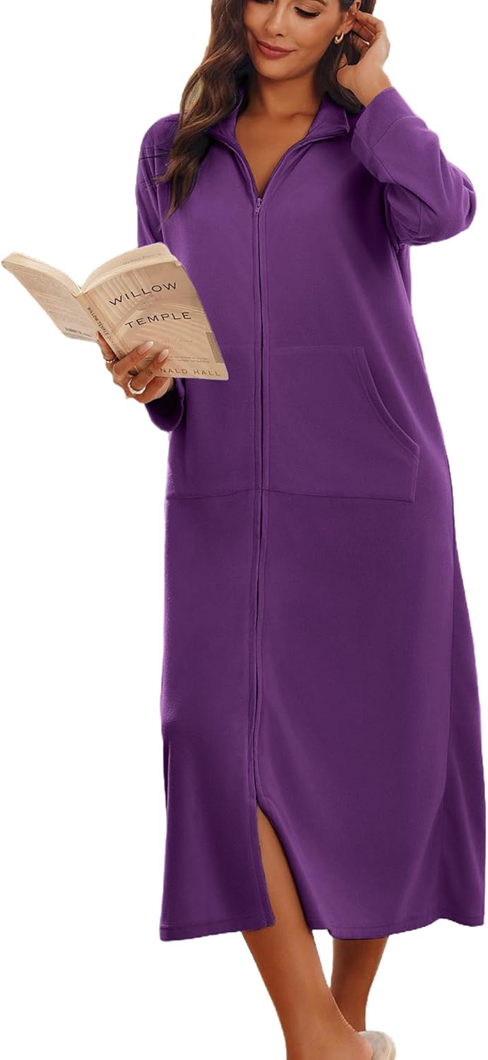 Ekouaer Women Zipper Robe Long Sleeves House Coat Soft Bathrobe Sleepwear with Pockets Housecoat Loungewear - Image 7