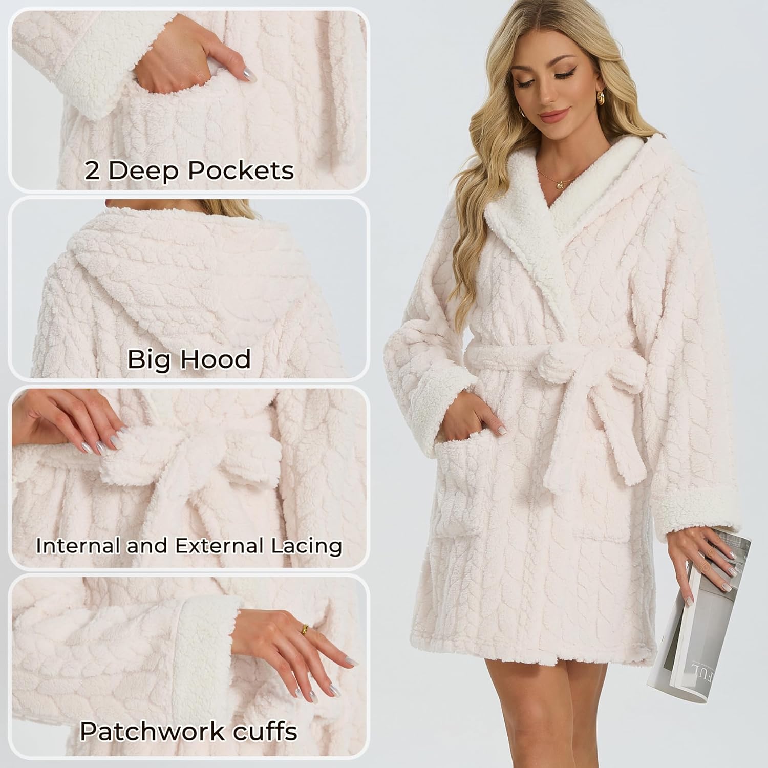 Alternative view of LYCY Women's Hooded Plush Short Bathrobe, Ultra Soft Jacquard Fluffy Robe with Pockets, Cozy Fuzzy Loungewear