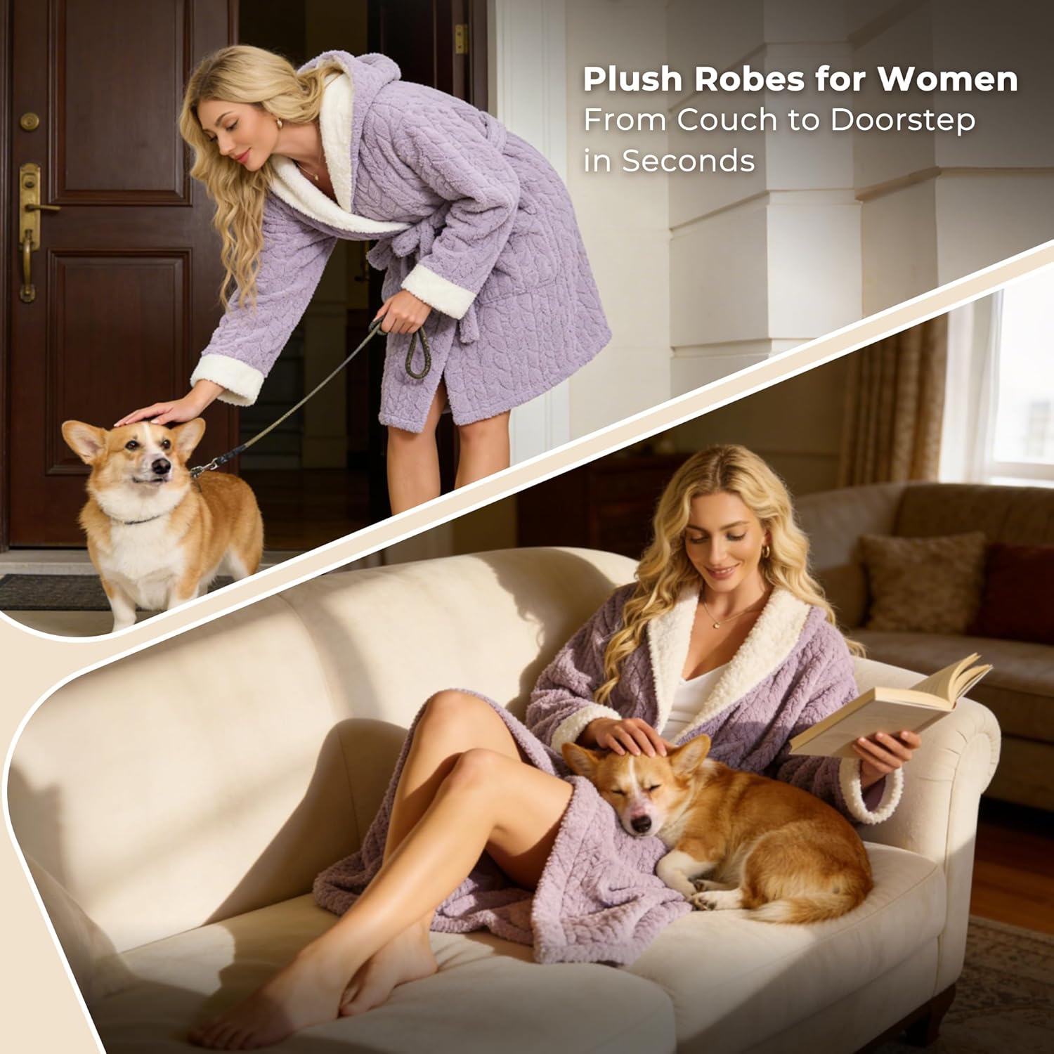 LYCY Women's Hooded Plush Short Bathrobe, Ultra Soft Jacquard Fluffy Robe with Pockets, Cozy Fuzzy Loungewear - Image 4