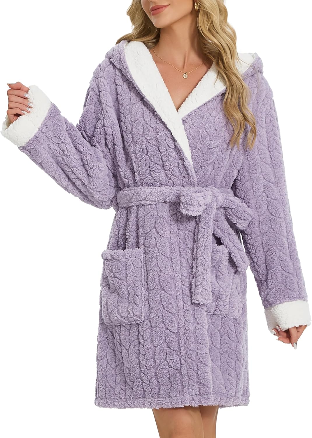 LYCY Women's Hooded Plush Short Bathrobe, Ultra Soft Jacquard Fluffy Robe with Pockets, Cozy Fuzzy Loungewear - Image 9