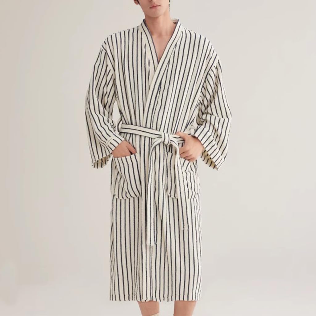 QYFHJGFR Cotton Terry Stripe Bathrobe For Women And Men,Luxury Kimono Soft Terry Cloth Robe,Comfortable Loungewear Nightwear