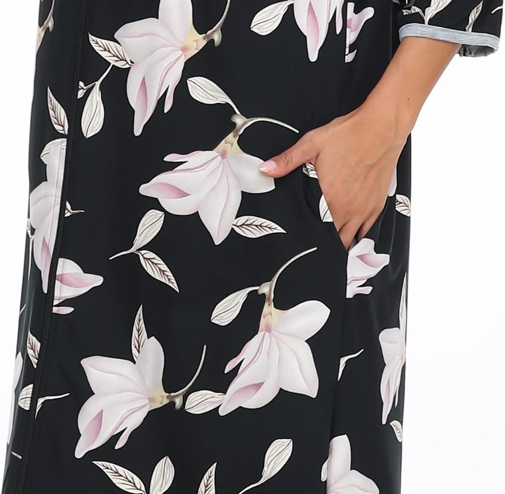 Women's Zip Up Housecoat Cotton Bathrobe Short Sleeve Sleepwear Full Length Stripe Loungewear with 2 Pockets - Image 3