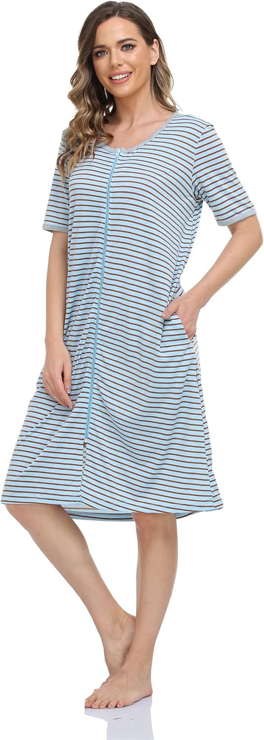 Women's Zip Up Housecoat Cotton Bathrobe Short Sleeve Sleepwear Full Length Stripe Loungewear with 2 Pockets - Image 7