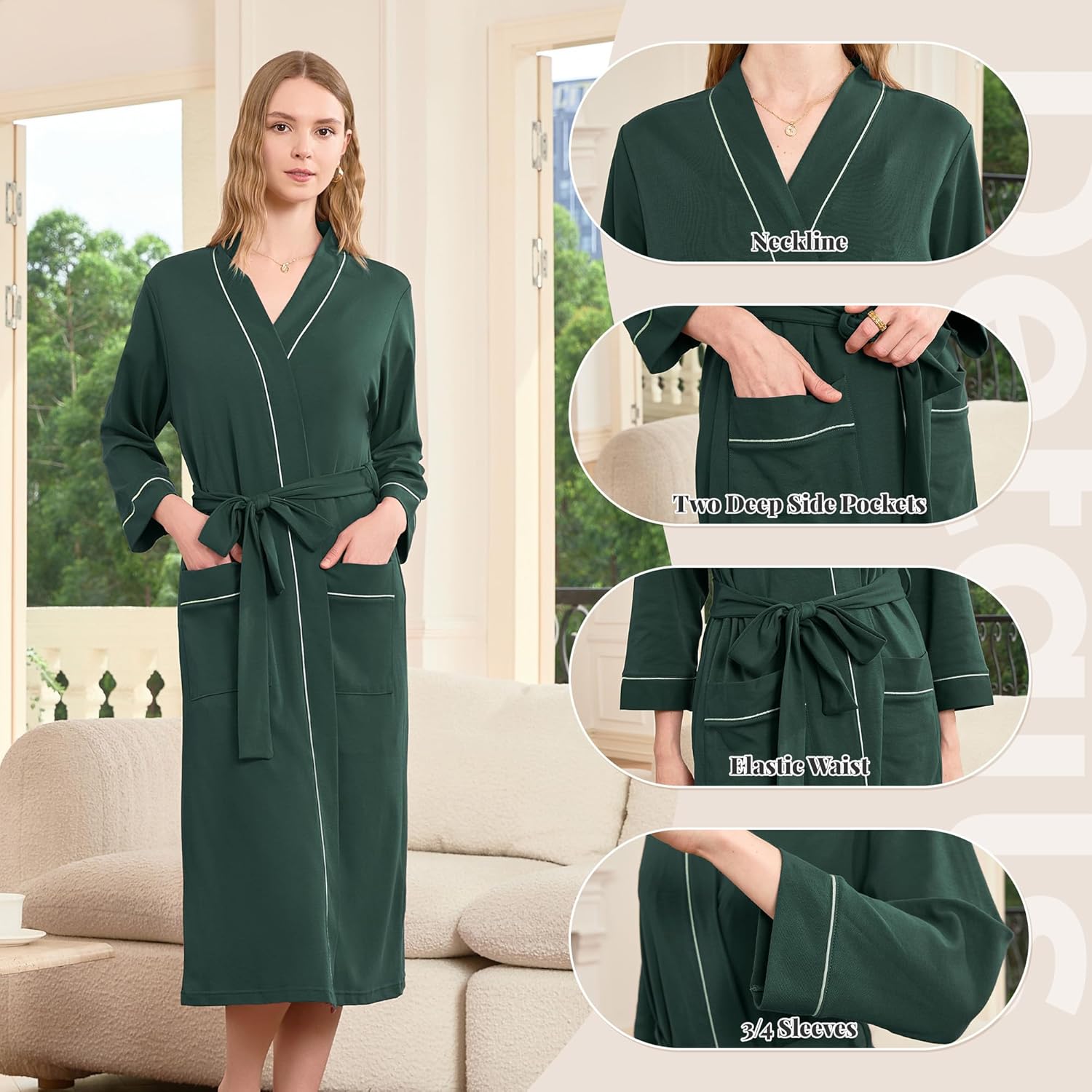 Alternative view of HEARTNICE Womens 100% Cotton Robe, Soft Kimono Spa Long Bathrobe Lightweight Loungewear