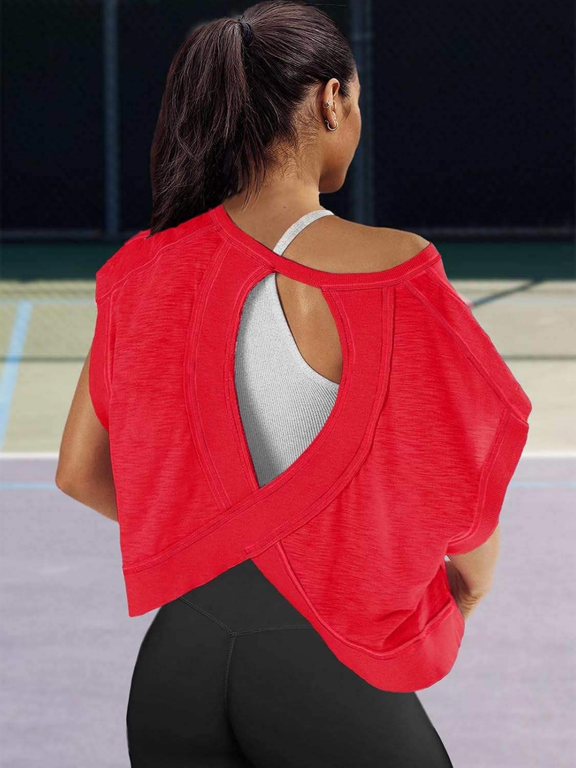 Alternative view of Panadila Womens Open Back Workout Top Oversized Workout T Shirts Backless Athletic Shirt Short Sleeve Baby Tee