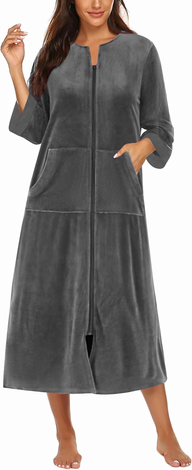 Ekouaer Robe for Women Velour Zipper Robe 3/4 Sleeves Housecoat Full Length Loungewear Long Bathrobe with Pockets