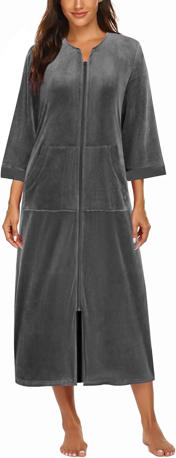 Alternative view of Ekouaer Robe for Women Velour Zipper Robe 3/4 Sleeves Housecoat Full Length Loungewear Long Bathrobe with Pockets