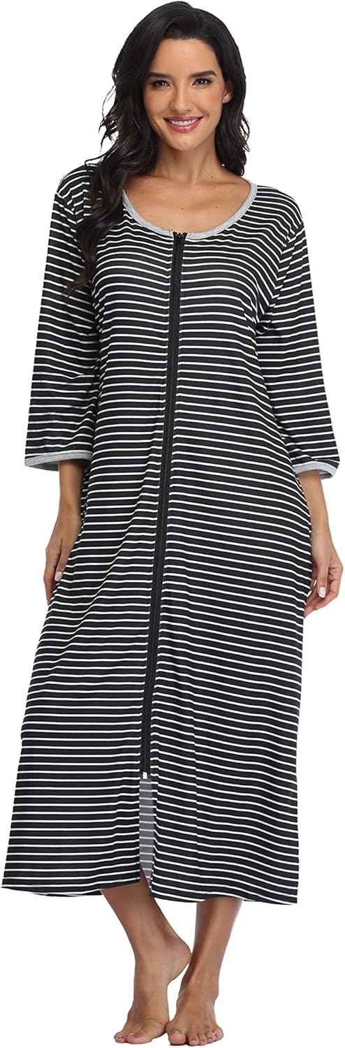 Women's Zip Up Housecoat Cotton Bathrobe Short Sleeve Sleepwear Full Length Stripe Loungewear with 2 Pockets - Image 6