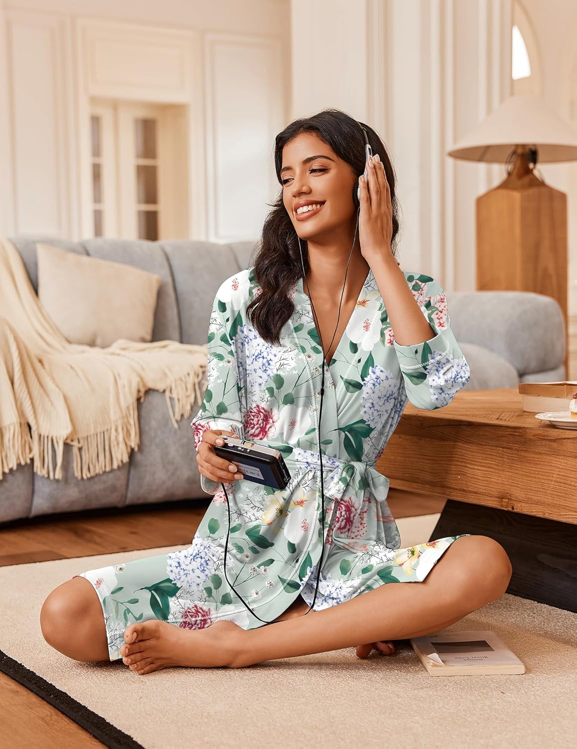 Alternative view of Ekouaer Robes for Women Knee Length Bathrobe Lightweight Kimono Robe 3/4 Sleeve Loungewear Soft Sleepwear with Pockets S-XXL