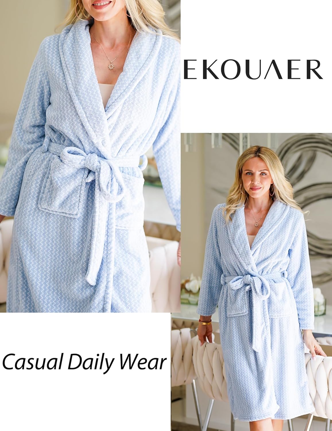 Alternative view of Ekouaer Women's Robe Long Plush Soft Bathrobe Cozy Warm Robes Shawl Collar Sleepwear with Pockets