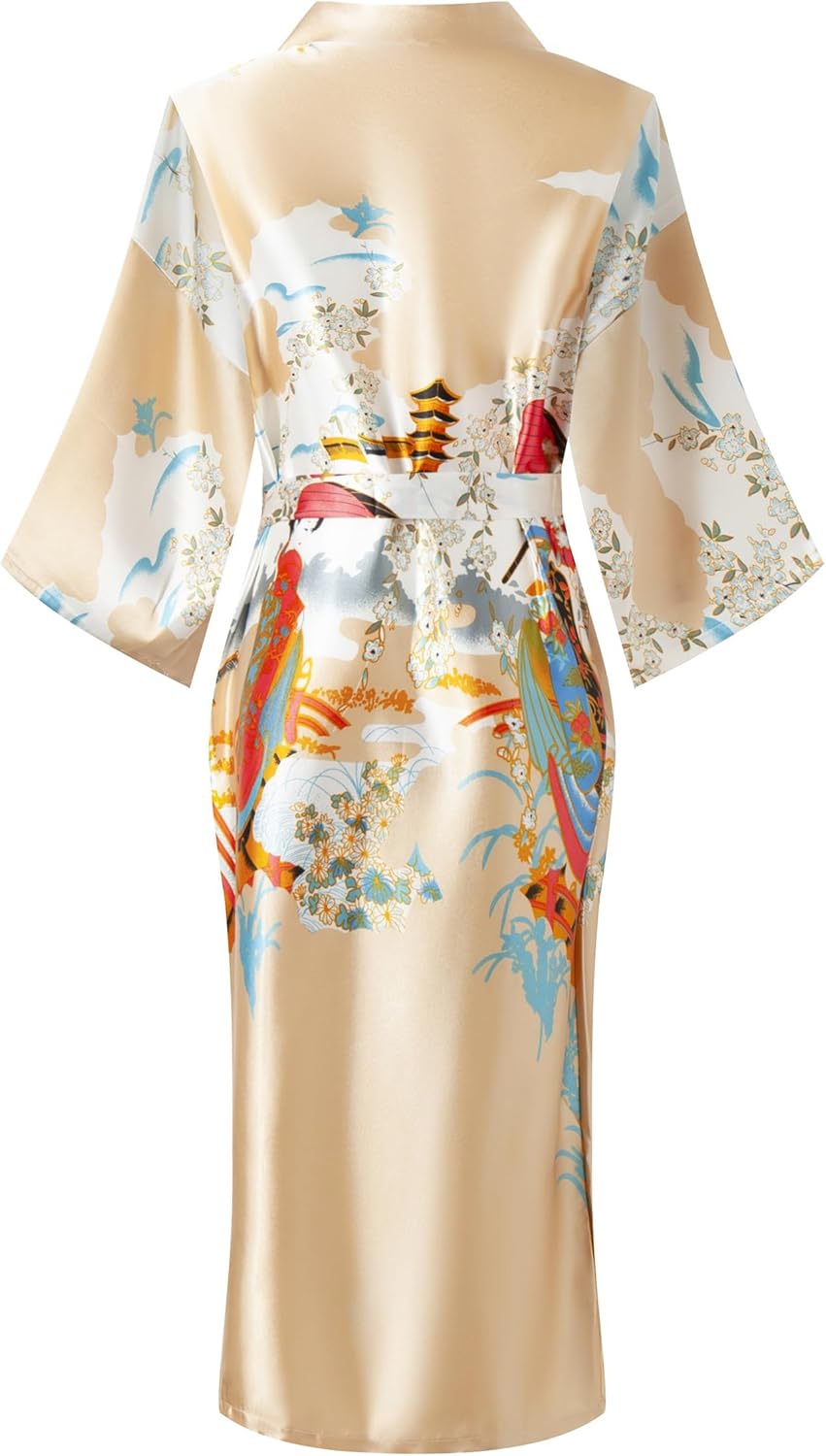 Women's Floral/Patterned Silky Kimono Robes Long Satin Bathrobes Sleepwear Loungewear