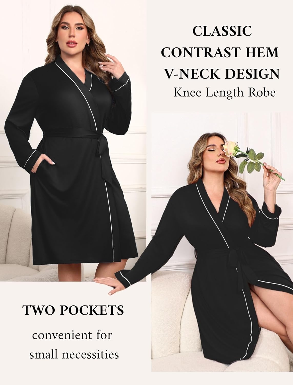 Alternative view of Ekouaer Plus Size Robes for Women Lightweight Bathrobe V Neck Kimono Loungewear Soft Maternity Robes with Pockets 1X-5X