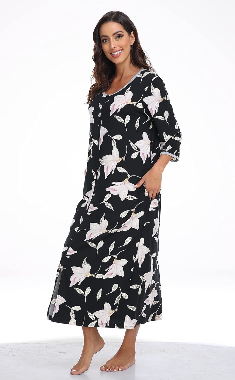 Women's Zip Up Housecoat Cotton Bathrobe Short Sleeve Sleepwear Full Length Stripe Loungewear with 2 Pockets