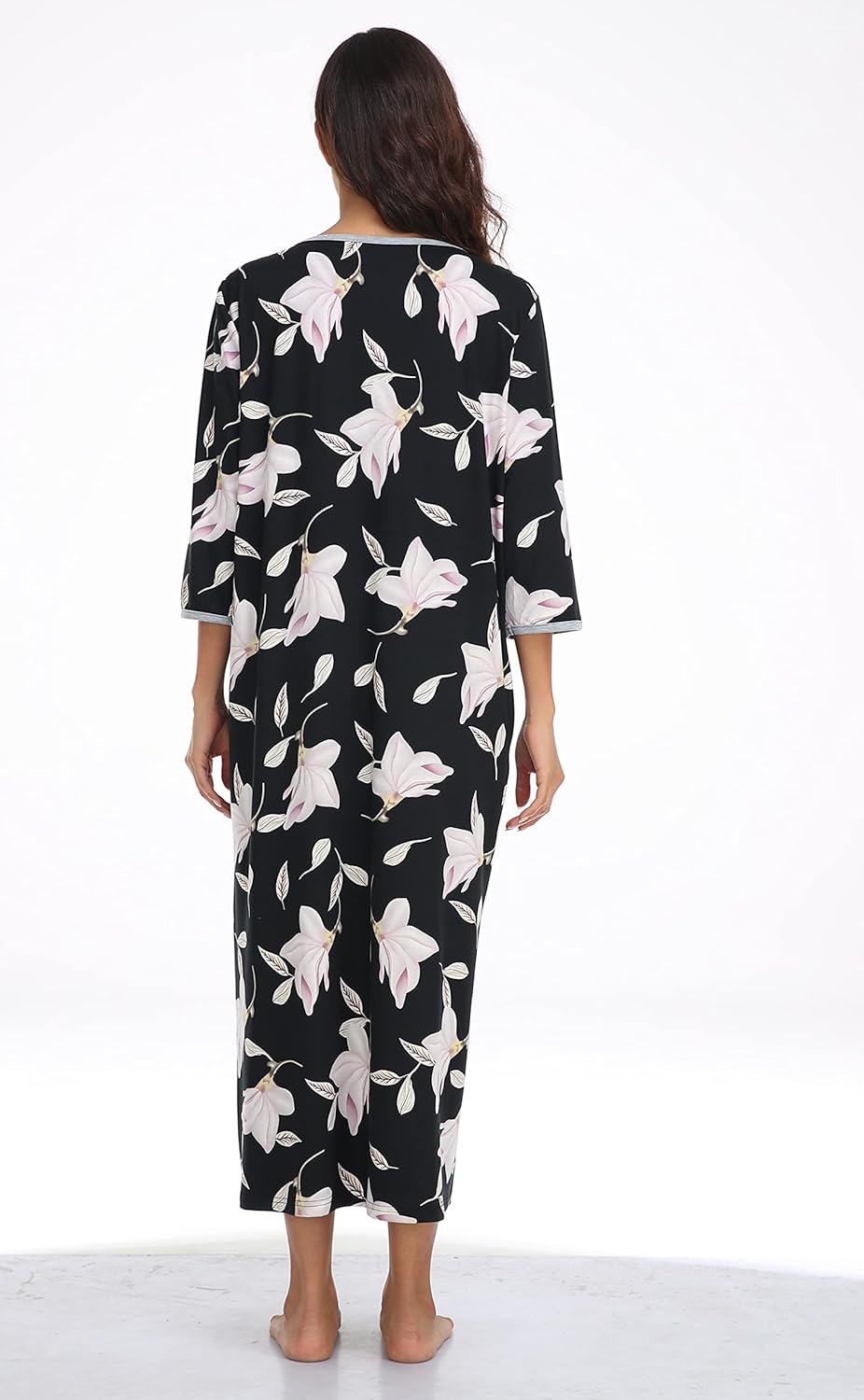 Alternative view of Women's Zip Up Housecoat Cotton Bathrobe Short Sleeve Sleepwear Full Length Stripe Loungewear with 2 Pockets