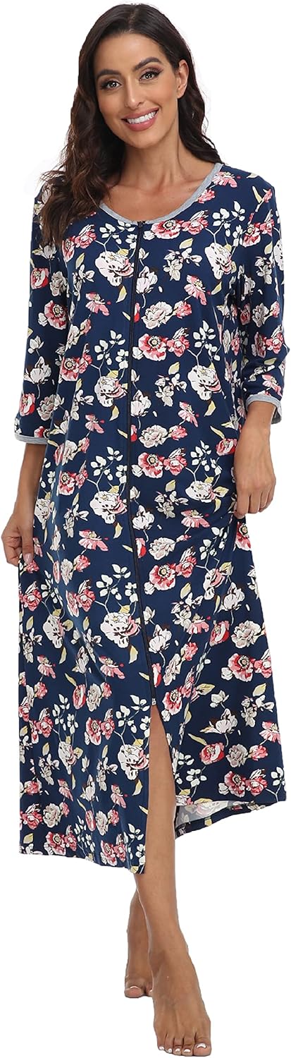 Women's Zip Up Housecoat Cotton Bathrobe Short Sleeve Sleepwear Full Length Stripe Loungewear with 2 Pockets - Image 5