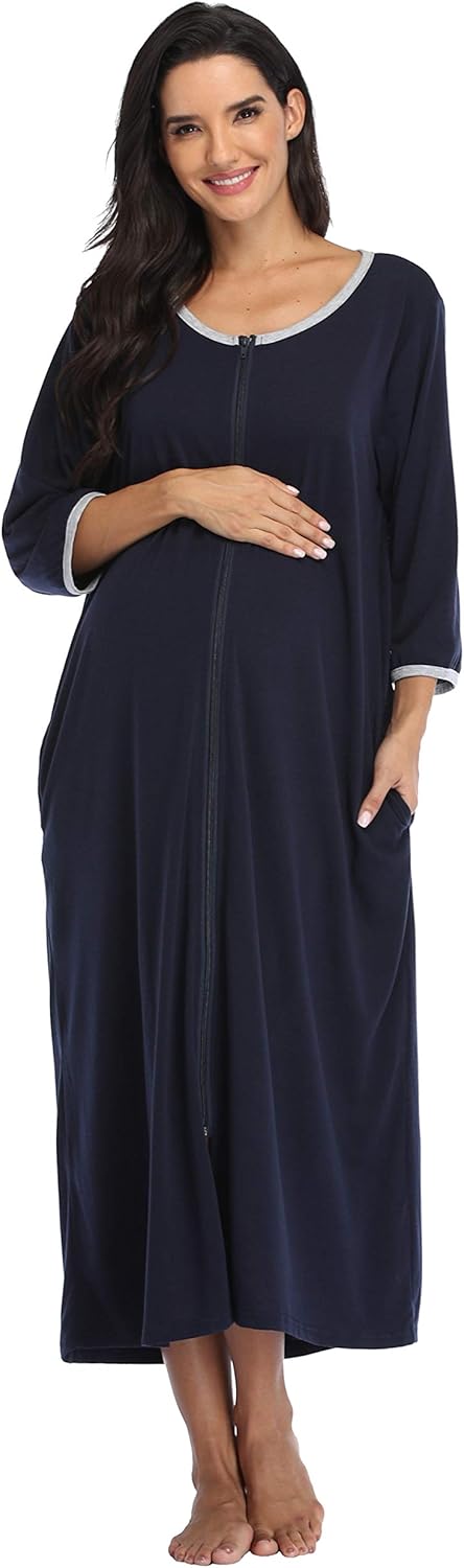 Women's Zip Up Housecoat Cotton Bathrobe Short Sleeve Sleepwear Full Length Stripe Loungewear with 2 Pockets - Image 8
