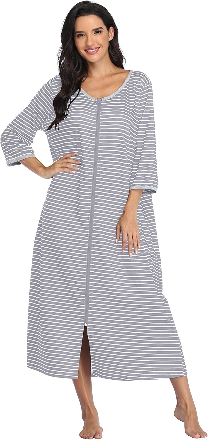 Women's Zip Up Housecoat Cotton Bathrobe Short Sleeve Sleepwear Full Length Stripe Loungewear with 2 Pockets - Image 9