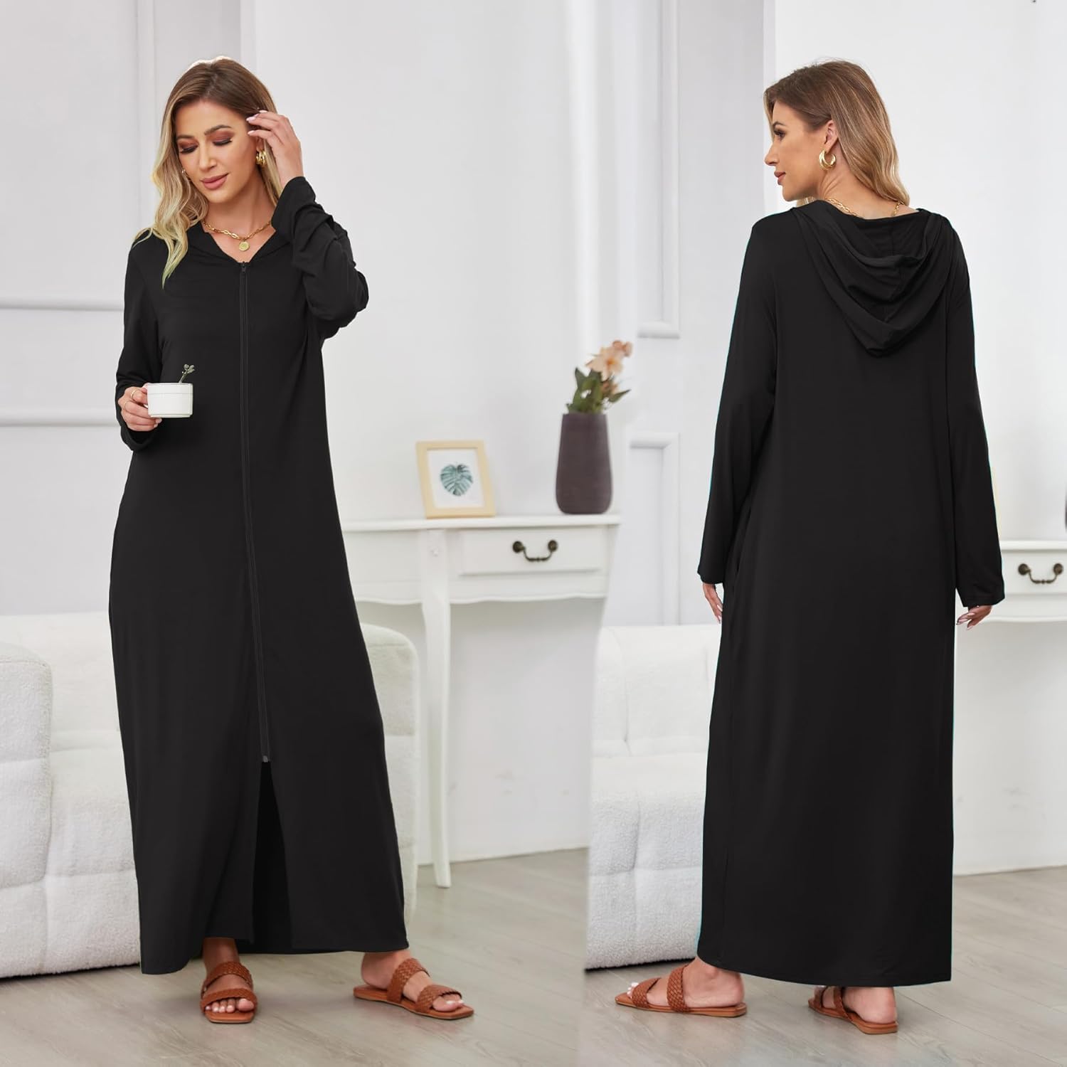 Alternative view of Kasual Women's Hooded Zipper Bathrobe Long Housecoat Sweatshirt Soft Robe Long Sleeve Loungewear Nightgown with Pockets