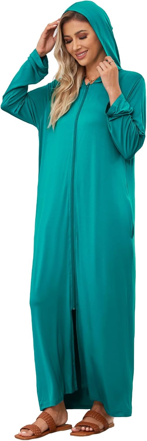 Kasual Women's Hooded Zipper Bathrobe Long Housecoat Sweatshirt Soft Robe Long Sleeve Loungewear Nightgown with Pockets - Image 4
