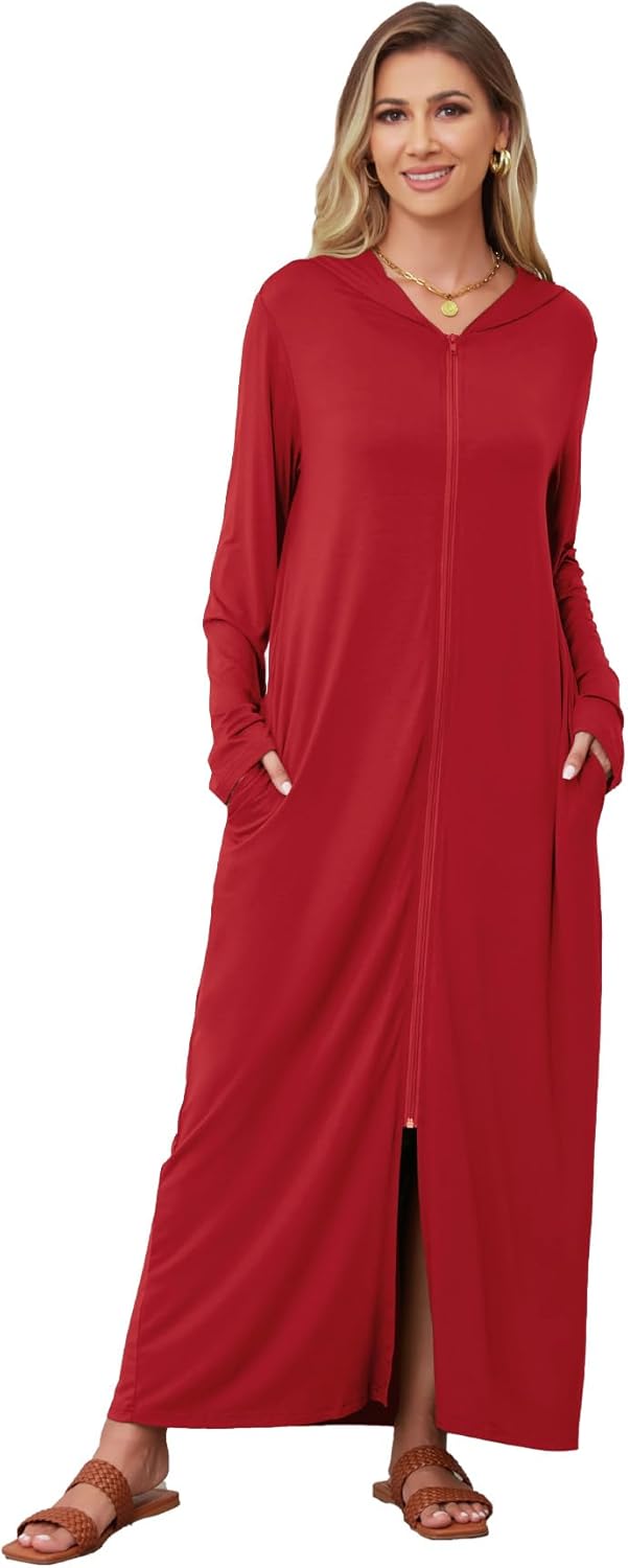 Kasual Women's Hooded Zipper Bathrobe Long Housecoat Sweatshirt Soft Robe Long Sleeve Loungewear Nightgown with Pockets - Image 7