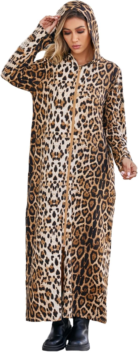 Kasual Women's Hooded Zipper Bathrobe Long Housecoat Sweatshirt Soft Robe Long Sleeve Loungewear Nightgown with Pockets - Image 9