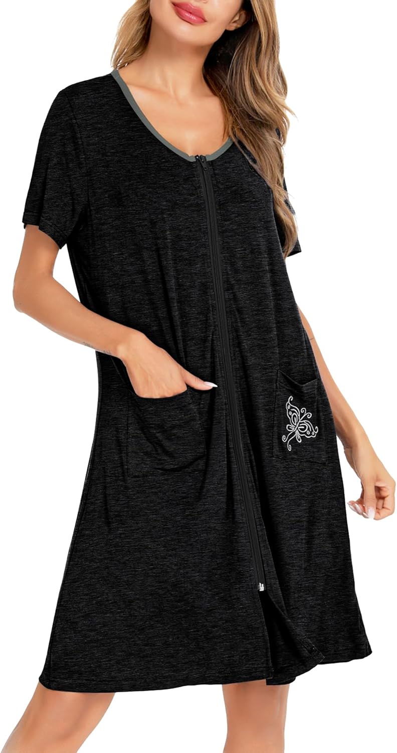 Alternative view of SWOMOG Women's Zip Up Housecoat Zipper Front Robe Lightweight Bathrobe Short Sleeve Loungewear Nightgowns with Pockets