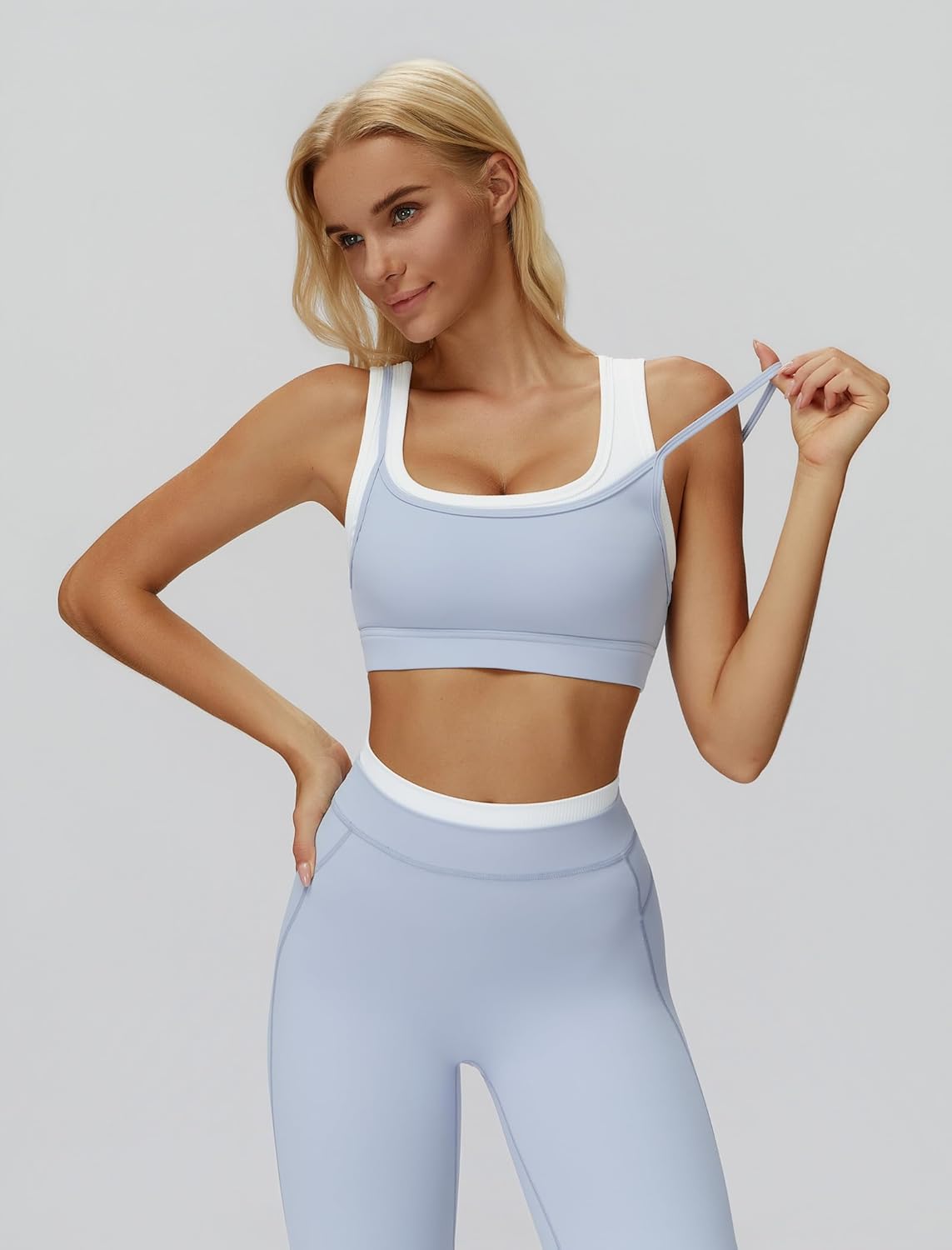 QBGJTD Womens Workout Set Two Piece U Back Color Block Sports Bra Matching High Waist Leggings Gym Pilates Outfits