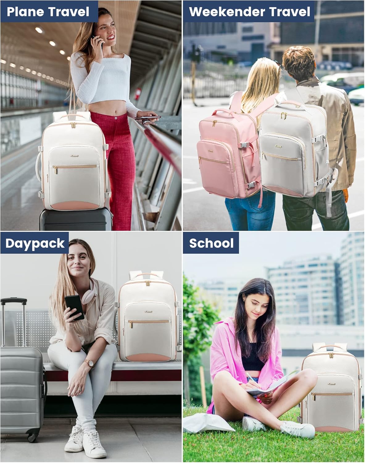 Alternative view of LOVEVOOK Travel Backpack for Women & Men 40L,Airline Approved Carry On Backpack Travel Essentials,TSA Carry on Luggage,Waterproof Personal Item Travel Bag,Suitcase with 3 Packing Cubes,Light gray-Pink