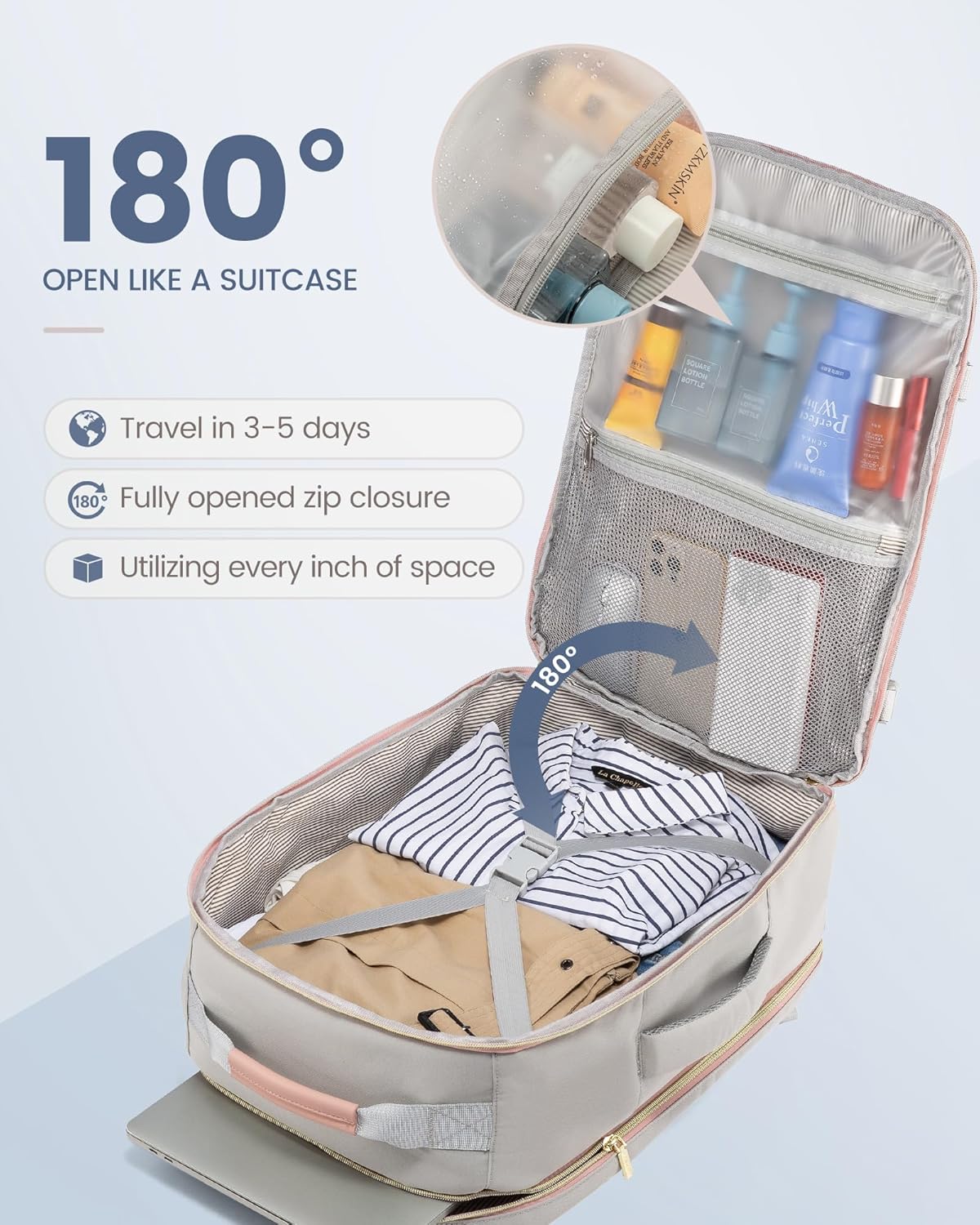 LOVEVOOK Travel Backpack for Women & Men 40L,Airline Approved Carry On Backpack Travel Essentials,TSA Carry on Luggage,Waterproof Personal Item Travel Bag,Suitcase with 3 Packing Cubes,Light gray-Pink - Image 3