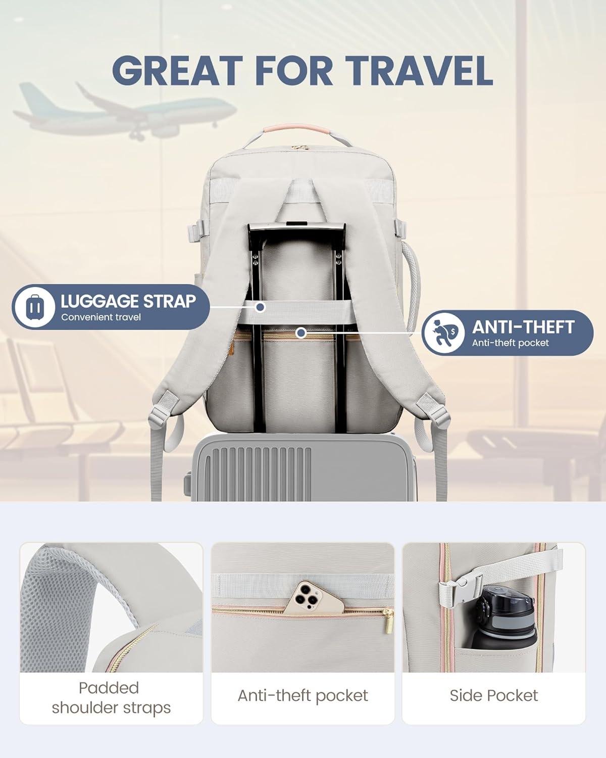 LOVEVOOK Travel Backpack for Women & Men 40L,Airline Approved Carry On Backpack Travel Essentials,TSA Carry on Luggage,Waterproof Personal Item Travel Bag,Suitcase with 3 Packing Cubes,Light gray-Pink - Image 7