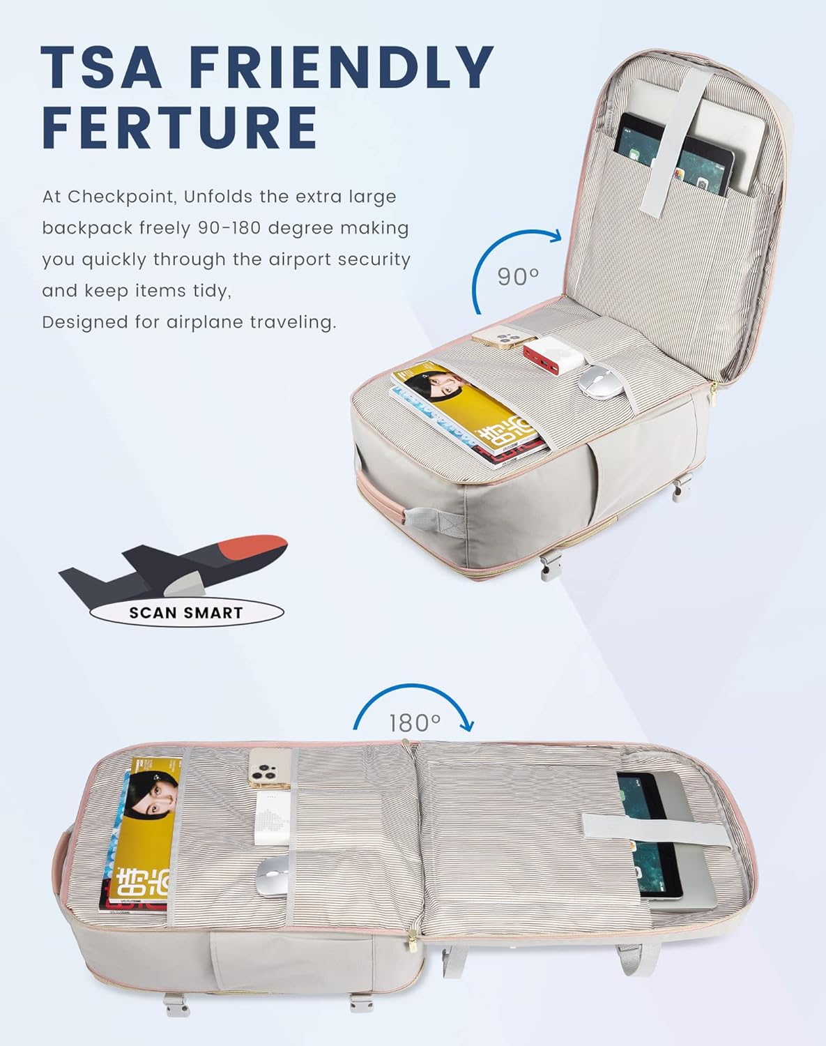 LOVEVOOK Travel Backpack for Women & Men 40L,Airline Approved Carry On Backpack Travel Essentials,TSA Carry on Luggage,Waterproof Personal Item Travel Bag,Suitcase with 3 Packing Cubes,Light gray-Pink - Image 8